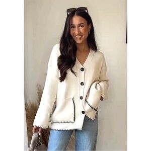 Zara Cream V-Neck Button Cardigan Sweater